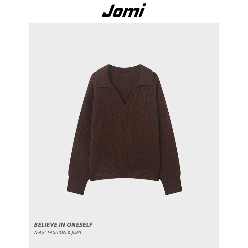JOMI复古绞花翻领针织衫女秋冬通勤宽松显瘦慵懒风外穿上衣