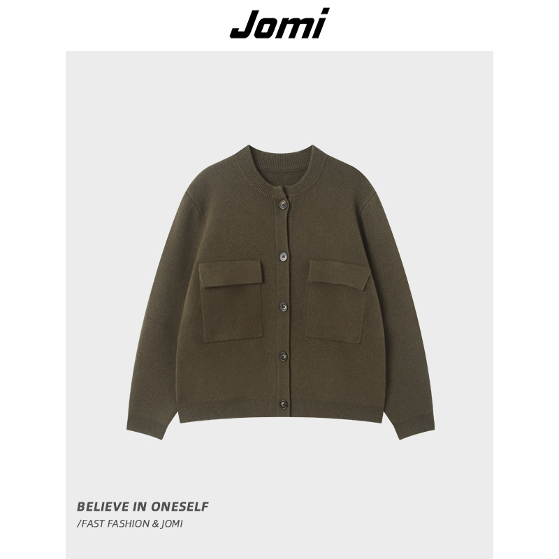 JOMI女装设计感纯色女士针织开衫简约圆领上衣