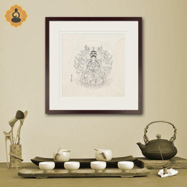 国画工笔白描人物白描千手千眼观音菩萨画像供奉中式卷轴画框挂画