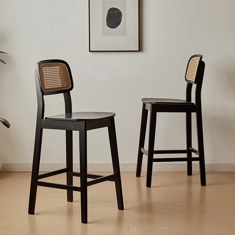 2025新款北欧风m实木藤编高吧椅岛台餐厅靠背吧椅侘寂风酒吧高脚