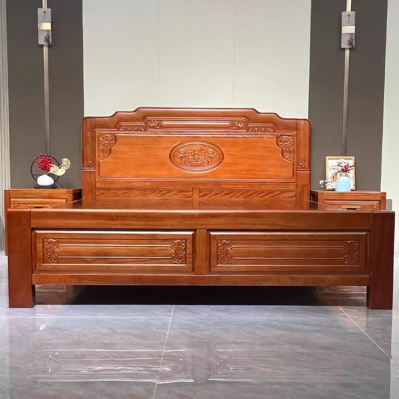 全榫卯花梨木实木床全实木1米5新中式菠萝J格雕花1米8床双人床卧