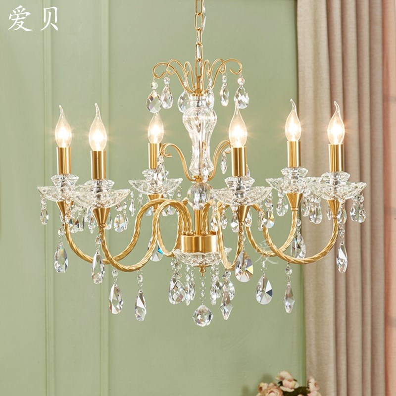 SY轻奢全铜纽纹弧枝水晶吊灯欧美法式蜡K烛别墅复式卧室餐厅客厅