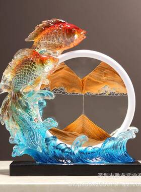 透明中式年年有余金鱼摆件创意玄关酒柜流沙装饰品树脂工艺品