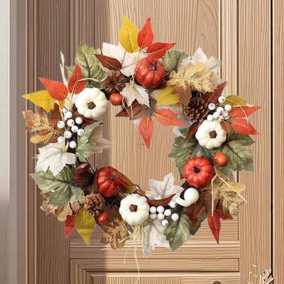 丰收节农舍装饰Farmhouse感恩节枫叶浆果白南瓜套装花环摆件挂件