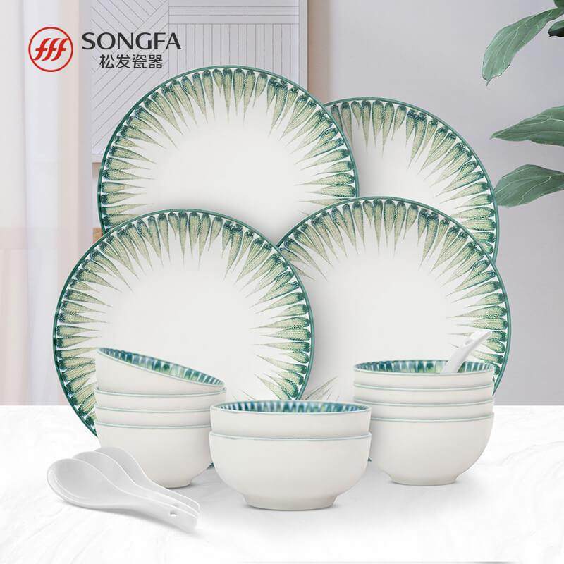 松发瓷器中式风格手绘碗盘子组合家用饭碗陶瓷米饭碗汤盘餐具套装