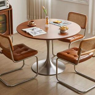 中古风全实木郁金香小圆桌小户型家用复古圆形餐桌椅组合网红饭桌