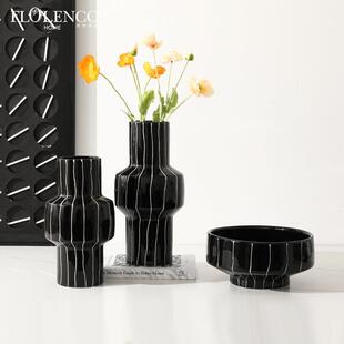 现代极简手绘细线素黑陶瓷花瓶样板房客厅餐桌设计师创意家居饰品