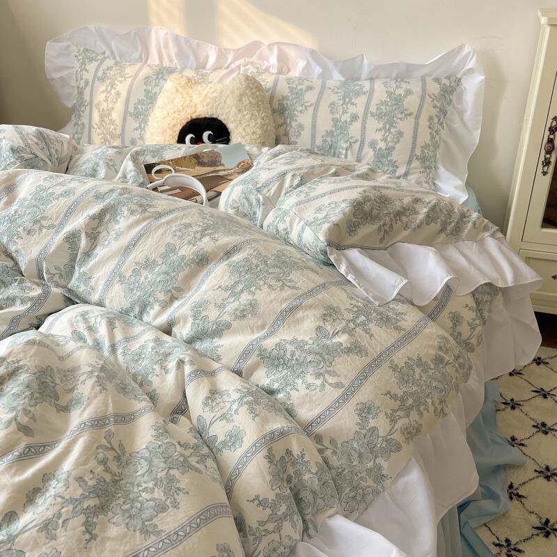 韩版公主风花边款床上四件套水洗棉床裙被套床单学生宿舍三件套