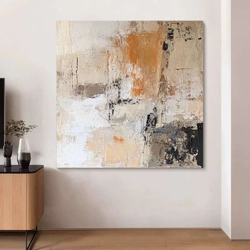 纯手绘抽象简约油画方形餐厅装饰画高级肌理客厅壁画轻奢酒店挂画图片