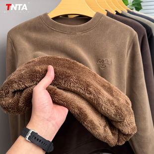 高端法兰绒圆领卫衣男士2025新款冬季加绒加厚保暖宽松打底衫男款