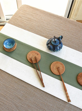 定做新中式绿色棉麻桌旗 禅意茶席亚麻现L代简约茶旗中国风长条巾