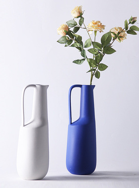 北欧现代陶瓷蓝色壶形花器摆件简约样板间客厅玄S关白色花瓶装饰