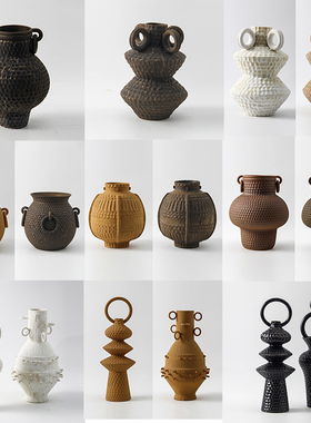 复古仿旧侘寂风民宿酒p店四耳圆环装饰陶瓷花瓶花器样板间客厅摆