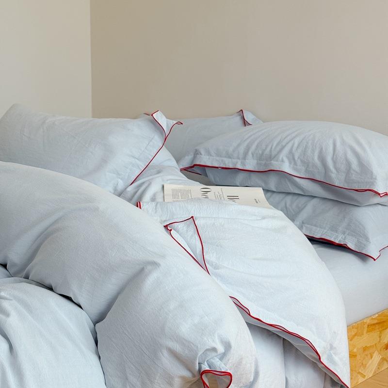 A类超柔全棉色织水洗棉四件套 秋冬季纯棉简约床单被套单人三件套