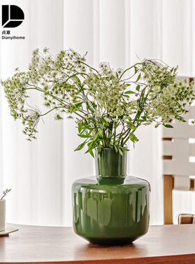 花瓶摆件客厅插花轻奢高级感绿色玻璃中古玄关复古法式创意鲜花矮