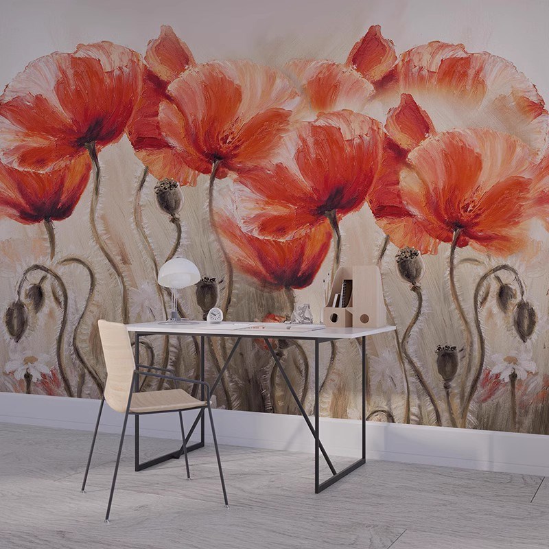 18d现代田园风橘色花朵壁画墙纸卧室床头M客厅沙发电视个性背景墙