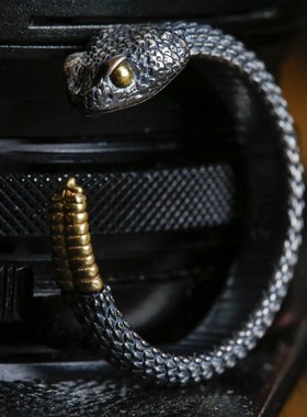 吾蟲原创响尾蛇h开口戒指吊坠925银暗黑个性复古男女情侣首饰可调