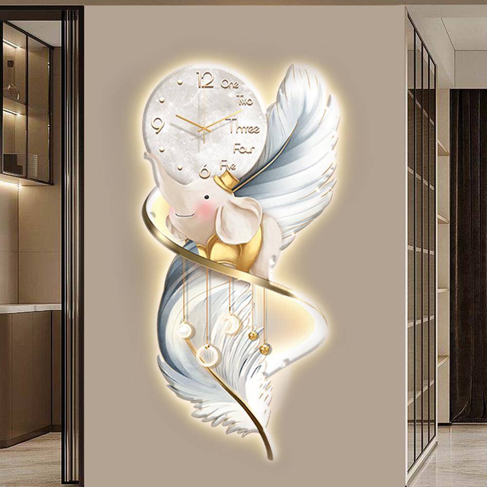 吉象玄关装饰画轻奢带钟表入户门正对墙挂画儿童房发光灯高档挂钟