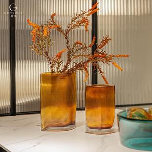 客厅样板间软装 扁口竖棱造型彩色水培鲜花玻璃花器 摆件 个性 晶淳