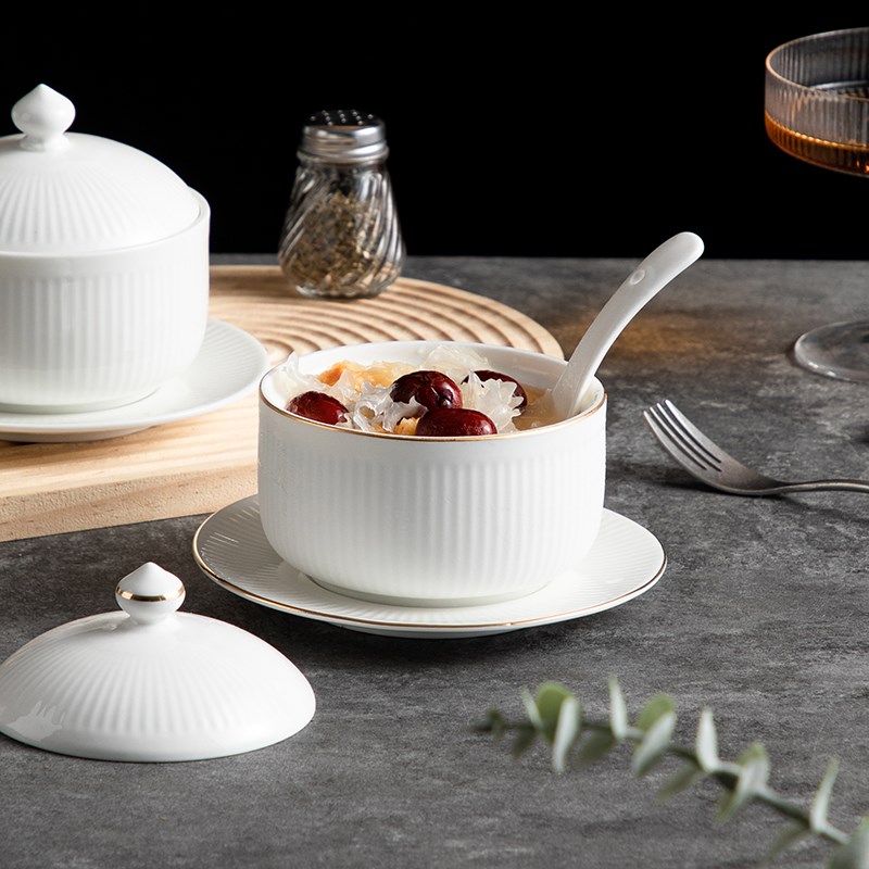 陶瓷炖盅b家用白色带盖隔水炖罐燕窝蒸蛋碗位上小汤盅金边中式酒