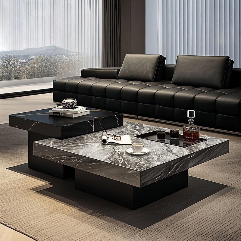 意式轻奢现代g简约小户型家用客厅茶几办公室岩板方形高低组合茶