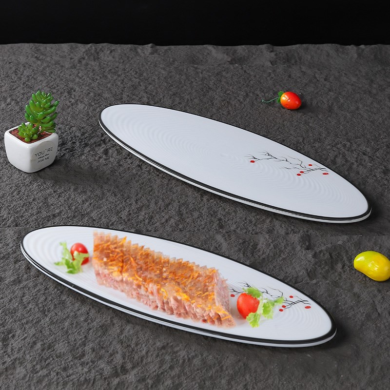 密胺中式餐具仿i瓷长条托盘甜点糕点创意摆盘餐厅商用特色椭圆长