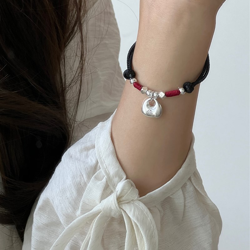 999足银实心银坨坨手链小胖福编绳龙年J本命年红绳情侣手绳男生女