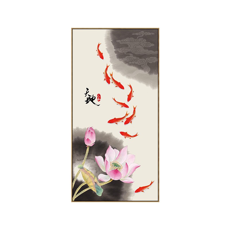 新中式入户玄关装饰画正方形水墨画荷花九鱼图挂T画中国风背景墙图片