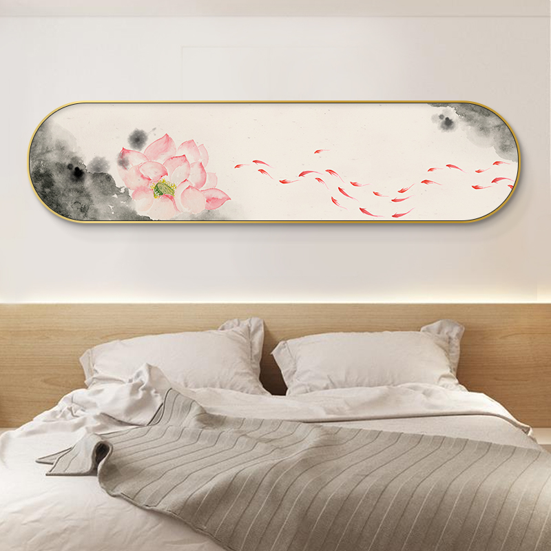 卧室床头装饰画新中式跑道形画框横幅挂J画民宿茶室禅意水墨荷花图片