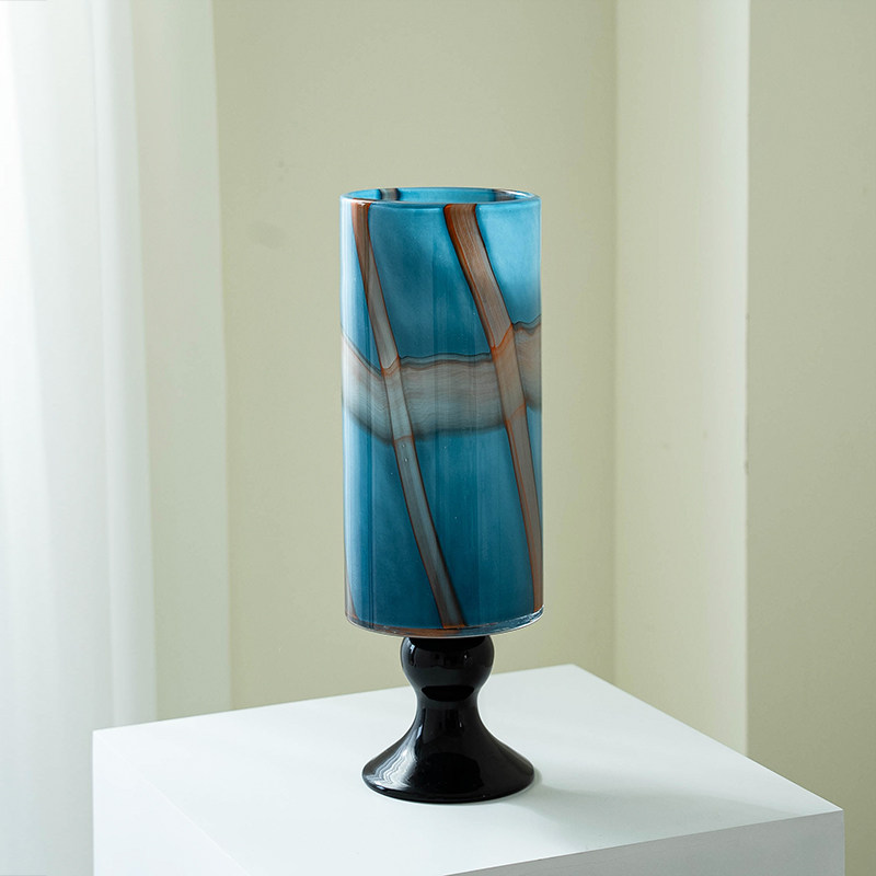 高级感轻奢c法式中古琉璃花瓶彩色高脚玻璃插花客厅样板房装饰摆