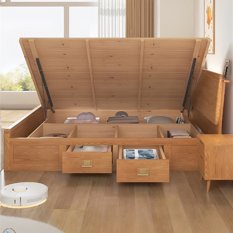 白蜡木实木床1.5米落地高箱气压储物侧翻F1.35米收纳抽屉1.2箱体