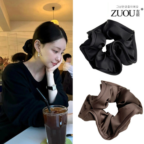 大肠发圈木耳f边韩系高级感时尚洋气绝美黑色缎面马尾扎头发头绳