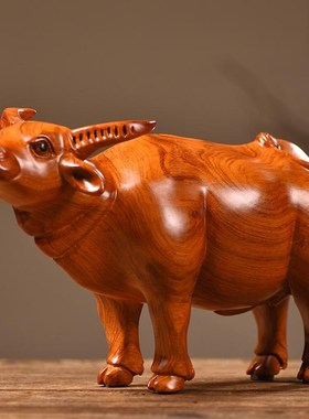 花梨木雕牛摆件牛气冲天实木黄z牛工艺品十二生肖动物客厅开业送