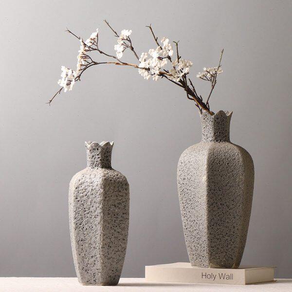 新中式创意杨桃花瓶 样板房客厅插花装饰品 泡泡釉陶瓷摆件灰色
