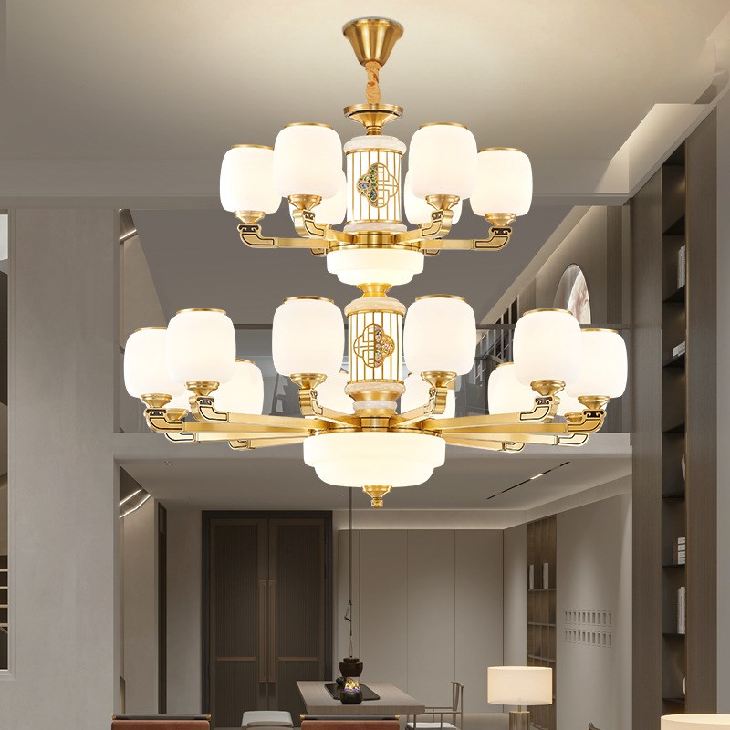 全铜新中式复式楼k客厅大吊灯2024新款奢华大气别墅楼梯中空旋转