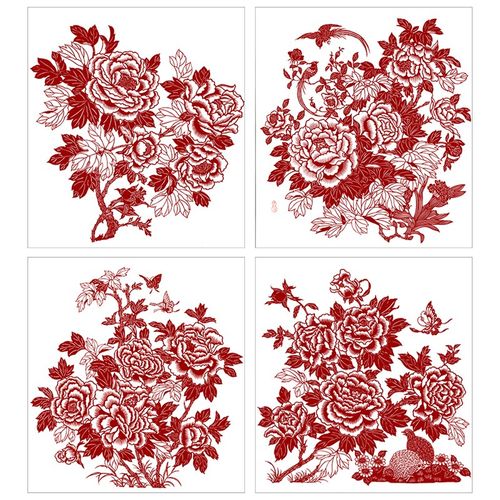 牡丹刻纸图案底稿手工剪纸底稿图C样4幅中国风窗花底稿图案打印稿