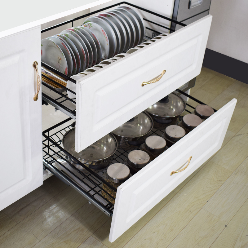 橱柜拉篮厨房扁钢双层抽屉式碗架30F4不锈钢调味篮厨柜碗碟碗拉篮