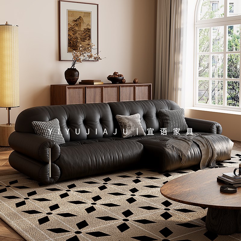 意式极简多功能h黑糖电动真皮沙发床客厅两用简约直排靠墙黑色沙