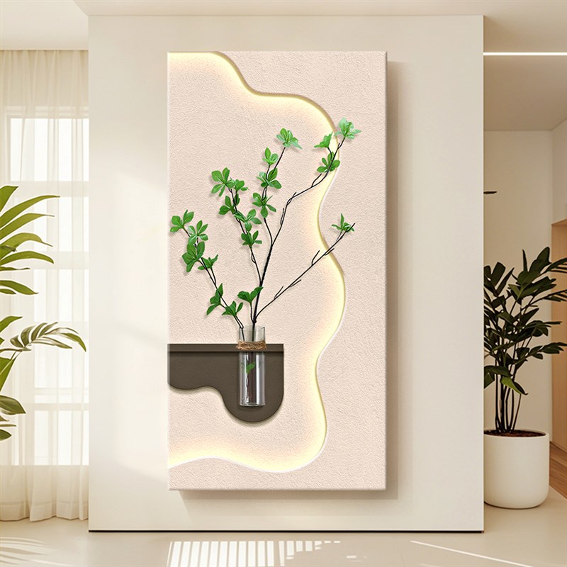 奶油风玄关装饰画创意立体砂岩灯光画高级感水培绿植客厅走廊壁画图片