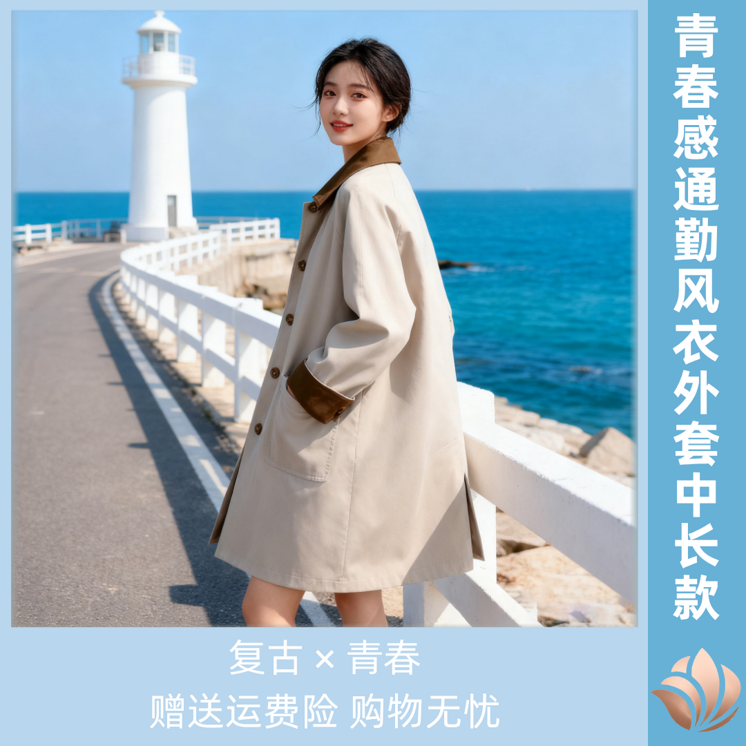 中长款卡其色风衣外套小个子ins学院复古风青春感撞色女oversize