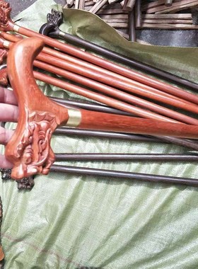 鸡翅木木手杖 红花梨登山杖实Z木龙头拐杖