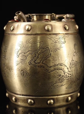 仿古收藏纯铜白铜手提壶提v梁壶摆件水壶茶壶双层温酒壶铜工艺品