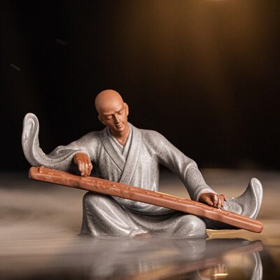 中式禅意抚琴摆件精品紫砂小和尚陶瓷人物创意假山水盆造景摆设品