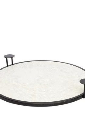 样板间白色轻奢现代鱼纹皮v革圆形托盘木质售楼处客厅餐厅桌面摆