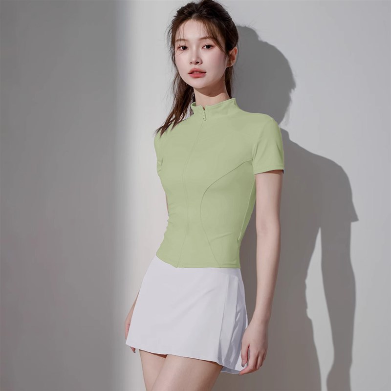 运动外套女修身显瘦速干瑜伽服上衣短袖普拉提训练跑步羽毛网球服