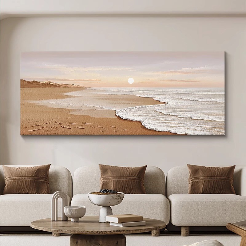 海滩风景手绘油画大芬村立体肌理客厅装饰画奶油风沙发背景墙挂画图片