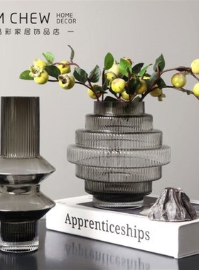 轻奢现代北欧网红款灰色玻璃花瓶水培插花样板间售楼W处家居装饰