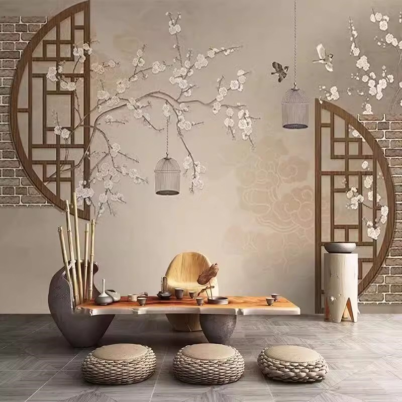 热销现代简约花鸟墙纸新中式墙布客厅卧室电视背景V墙壁纸壁布影