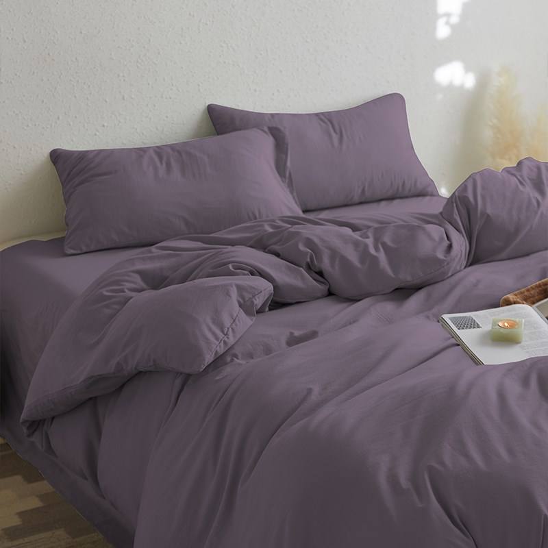 葡萄紫~纯水洗棉麻四件套纯w色床品床笠款被套学生宿舍床单三件套