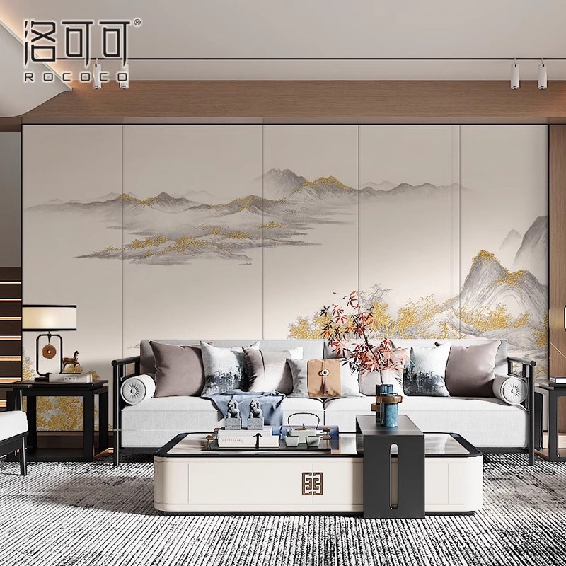 现代新中式壁纸写意山水背景墙布无纺布墙纸客厅R壁布金山壁画定